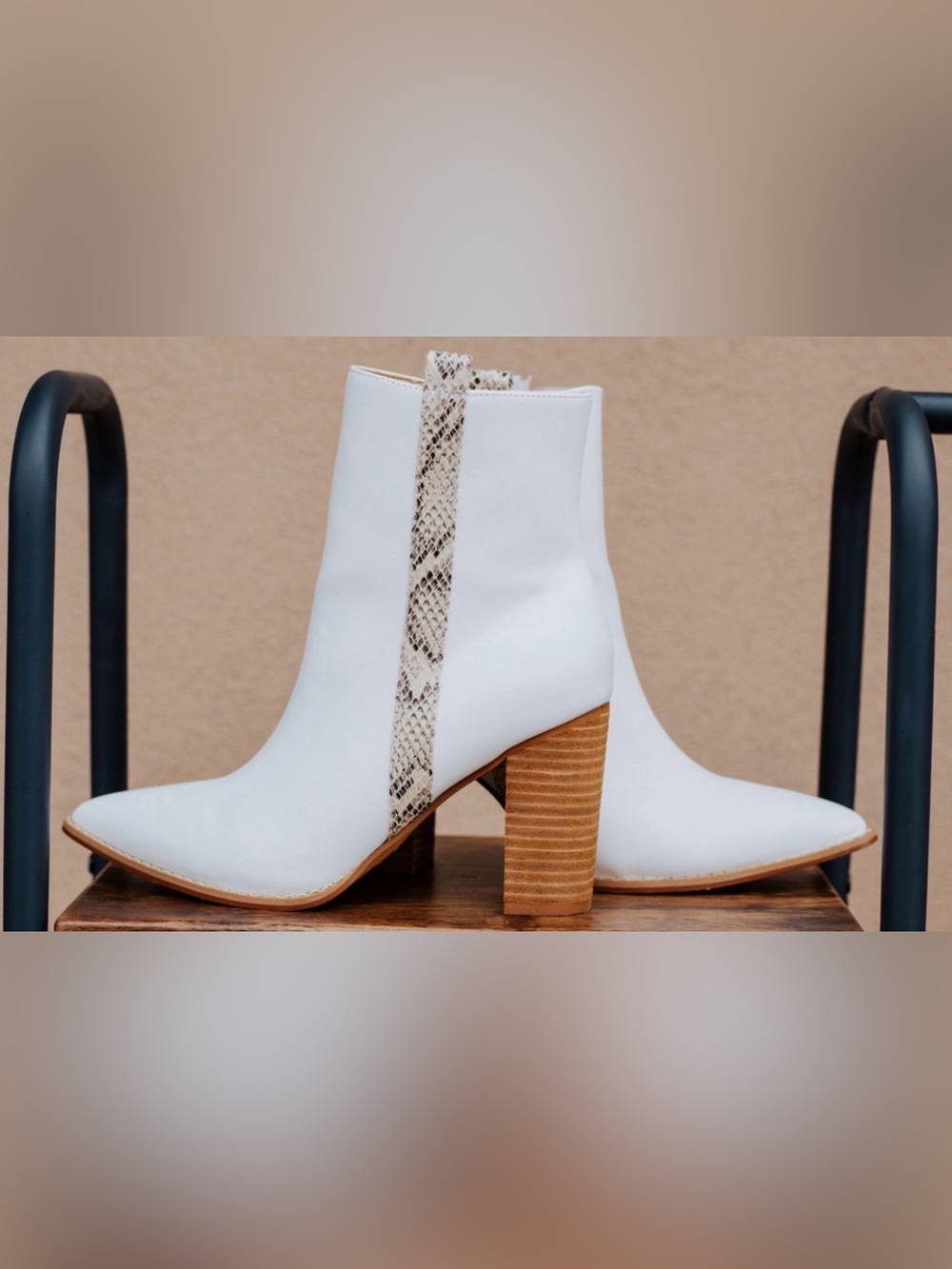 White Ankle Boot with Snakeskin Pull Tab